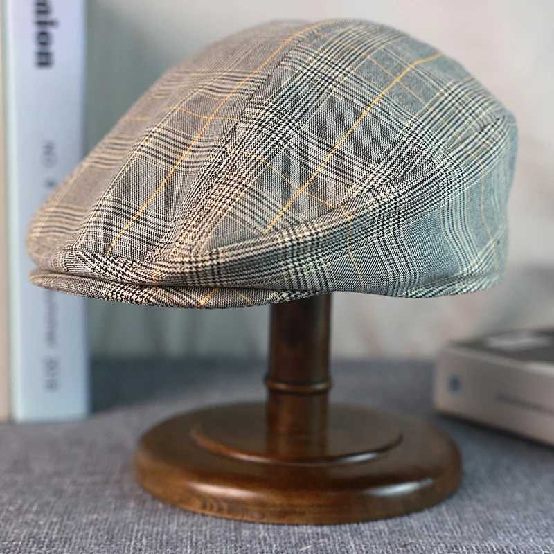 Gray Plaid Newsboy Hat Linen Cotton Womens Mens Ivy Cap Cabbie Driver Hat Spring Autumn Flat Hats Vintage Gatsby Beret A-53X240919