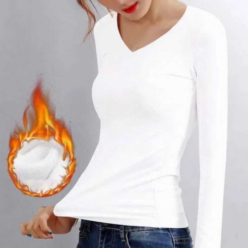 Fall Winter Warm Long Sleeve Tops Thermal Underwear Women Velvet Tops Fleece Slim Fit T-Shirt Casual Basic Blouse Tops Tees M240920