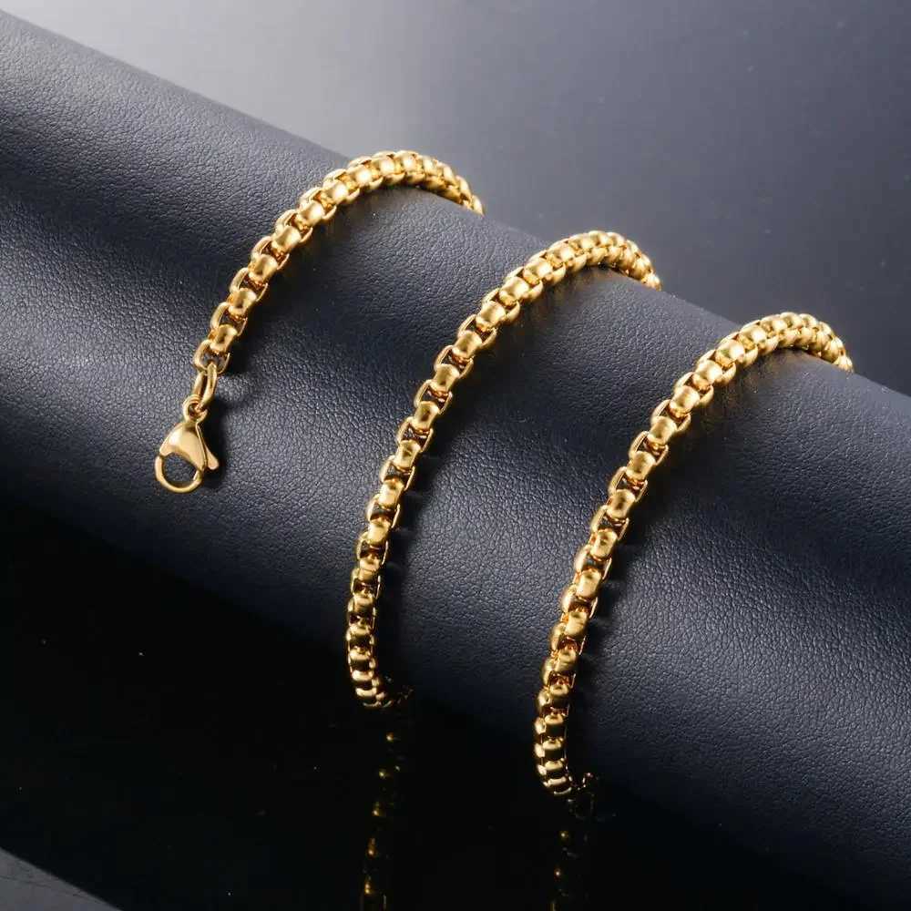 High Quality Stainless Steel Gold Color Round Box Necklace Square Pearl Chain 2/3/4/5mm Men and Women Jewelry WholesaleX240919