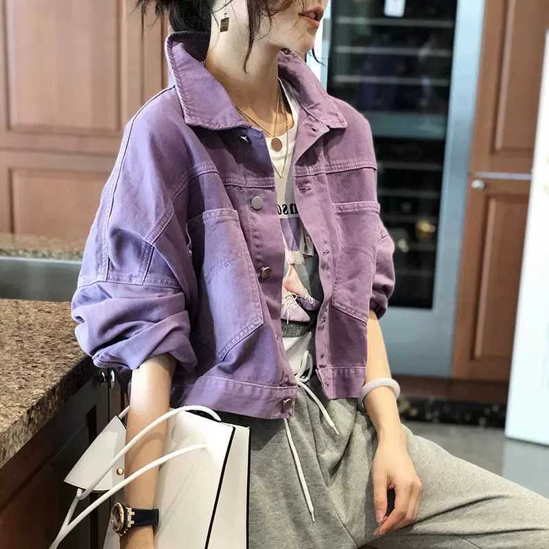 Purple Denim Coat Female Short Korean Version 2024 Spring Autumn Clothes Everything Loose Small Jacket Fat Sister Student TopX240920