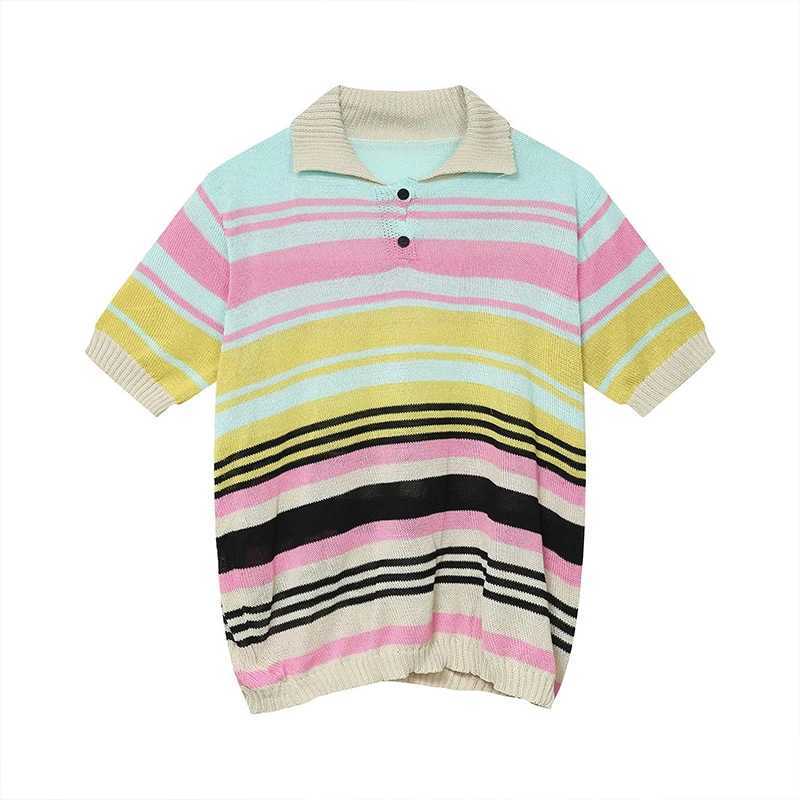 Summer Mens Clothing Light Luxury Mesh Striped Polo Shirt Korean Short Sleeve Button-down Retro Fashion Leisure Loose KnitwearX240920