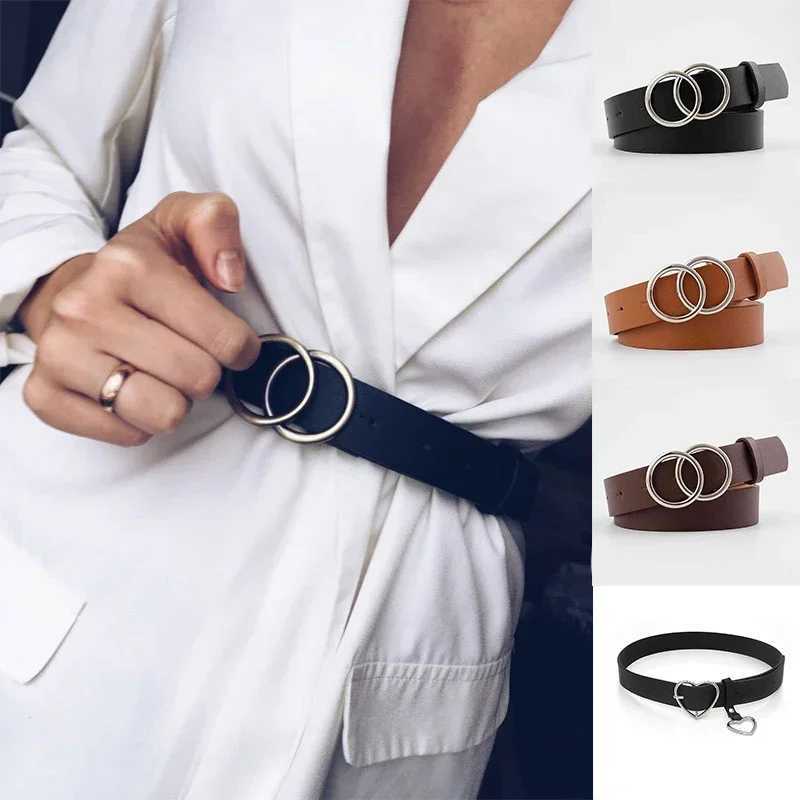 Double ring womens fashionable belt PU leather metal buckle heart-shaped pin belt womens casual dress jeans wild belt W240920