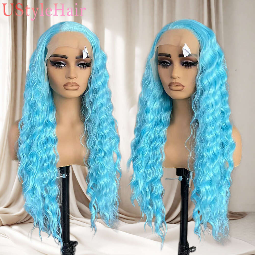 Ustylehair Blue Deep Wave Heat Resistant Long Curly Hair Synthetic Lace Front For Women Daily Use Cosplay Wig