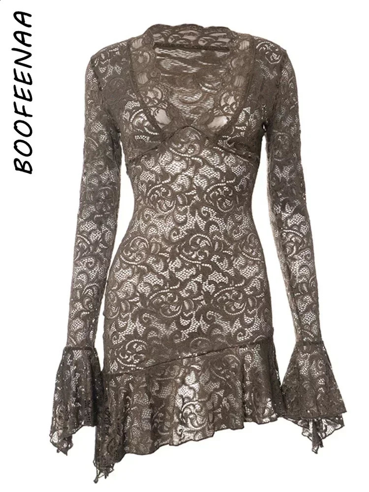 Lace See Through Dress For Women - Sexy Y2k Flare Long Sleeve Deep V Ruffle Short Dresses, Black