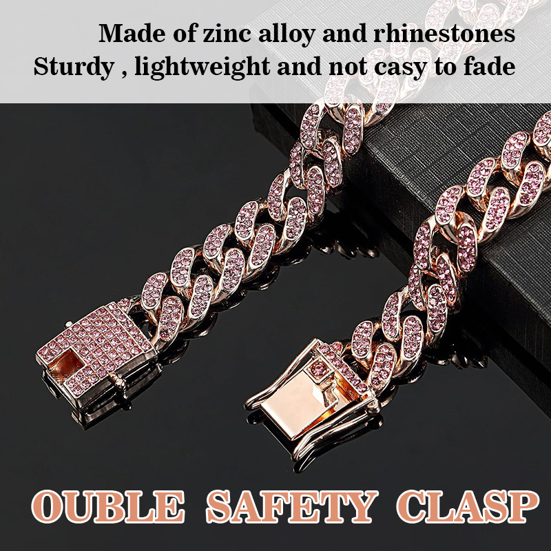 Personalized Pink Diamond Cuban Collar with Design Secure Buckle Dog Collars Gold Chain Pet Necklace for Small Medium Dogs Cat