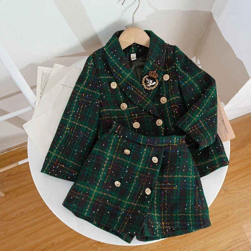 Girl 2 Piece Tweed Set Winter Suit Clothes for 1-10Years Childrens Cotton Padded Jacket CoatSkirt Kids Classic Outfits 240913