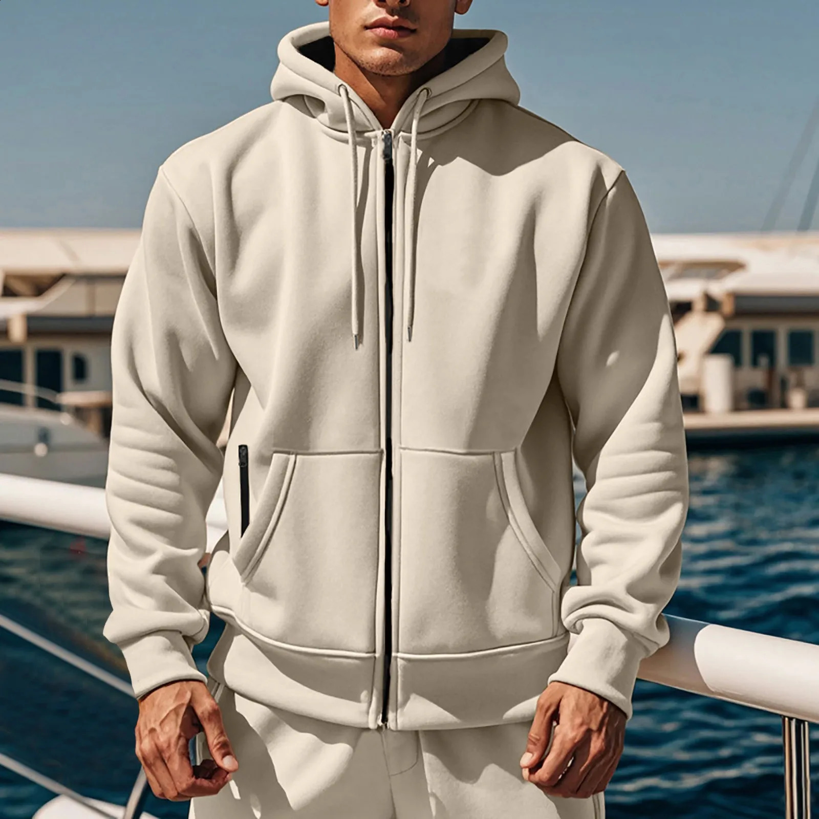 Mens autumn and winter solid color hooded sweater wool warm comfortable mens long casual round neck zipper 240911