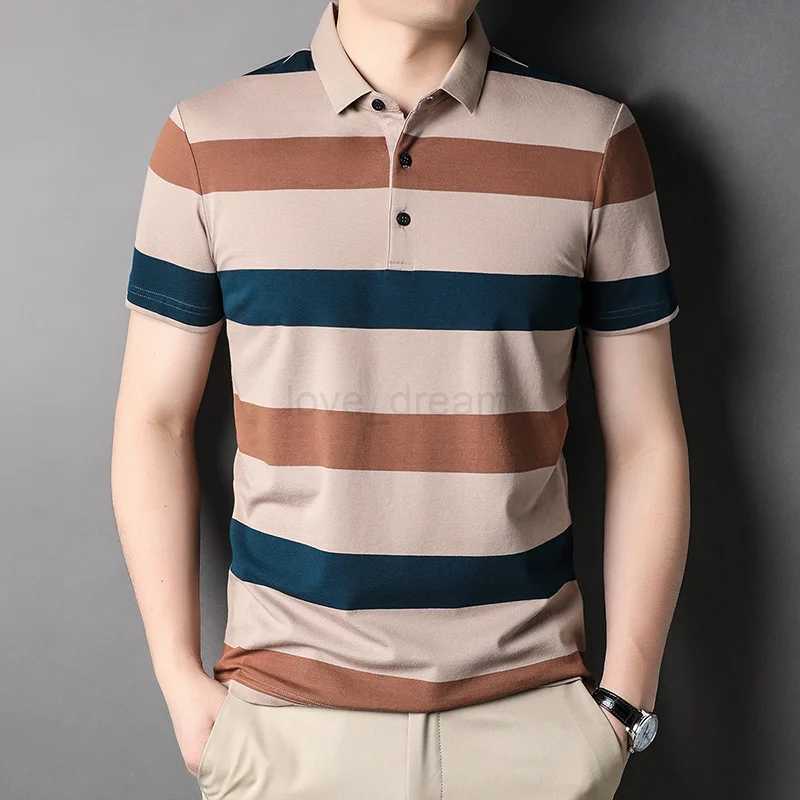 Summer Mens Polo Shirts With Short Sleeve Business Stripes Print Casual Tops Fashion Sport Wear Oversized T Shirts Man ClothesXJ240920