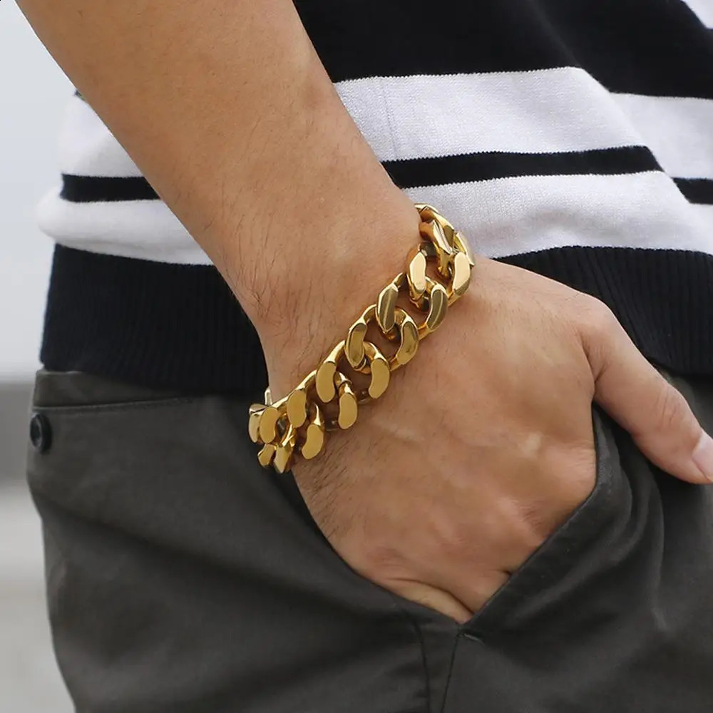 High quality mens silvergoldblack curly Cuban chain bracelet 316L stainless steel 20MM 22CM 240912