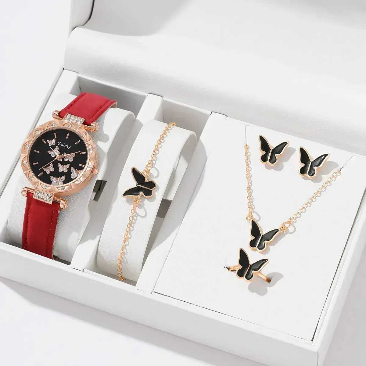 6/1pcs Set Women Watch Ring Necklace Earrings Bracelet Set Watches Butterfly Leather Strap Ladies Quartz WristWatch (No Box)X240920