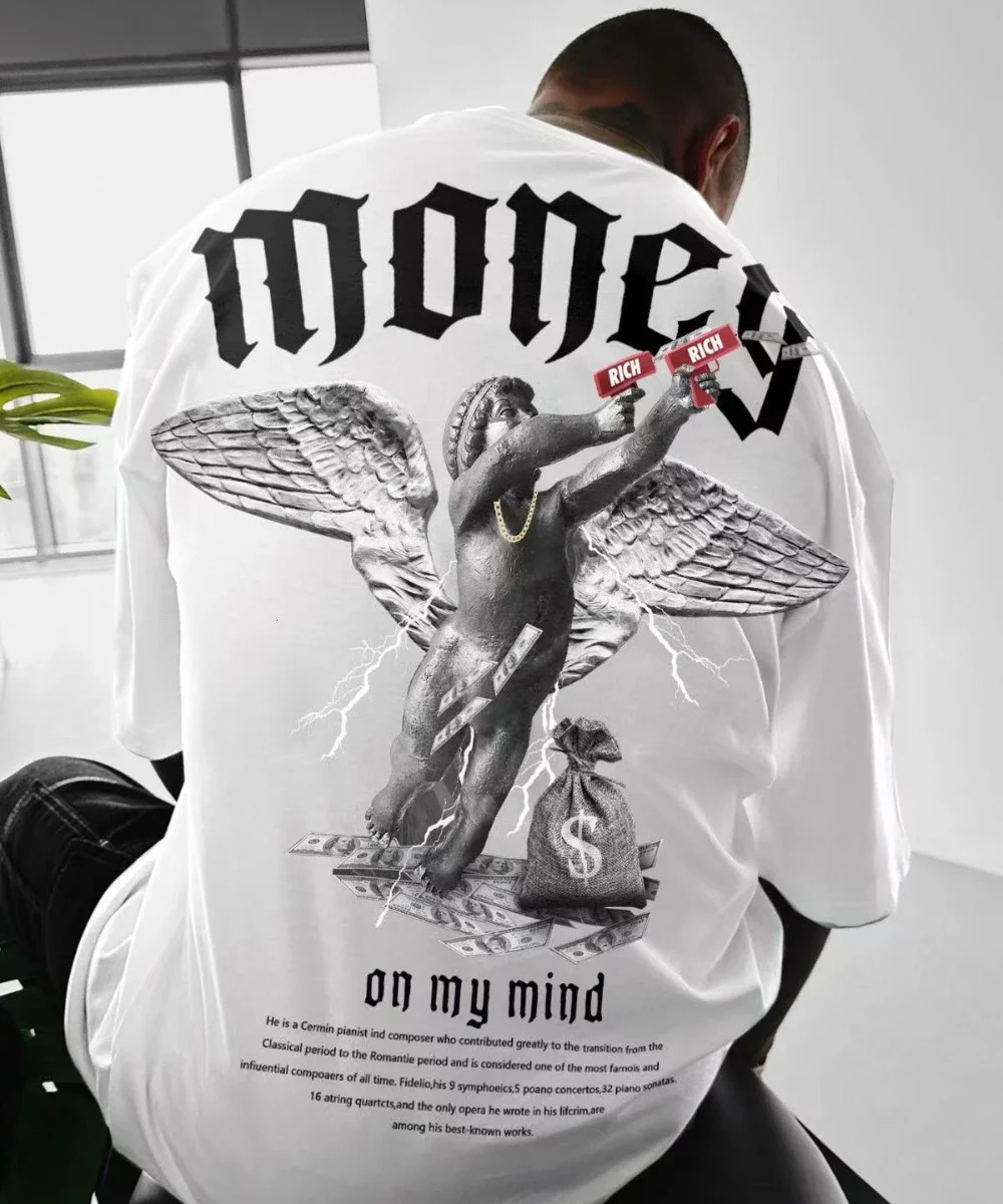 Summer Hot Selg Trendy Men's Loose Fitting T-shirt Money Angel Print Short Sleeved Muscular Round Neck Pure Cotton Top