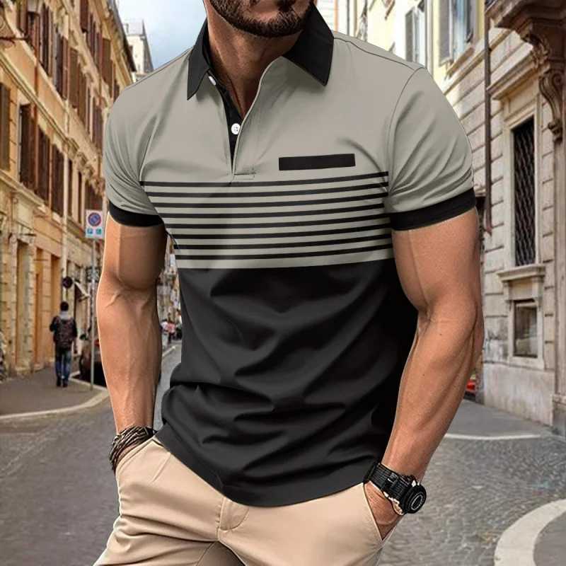 2024 Summer New Mens Casual POLO Shirt Chest Pocket V-Collar Button Stripes Colorblock All-Matching T-shirt Free ShippingX240920