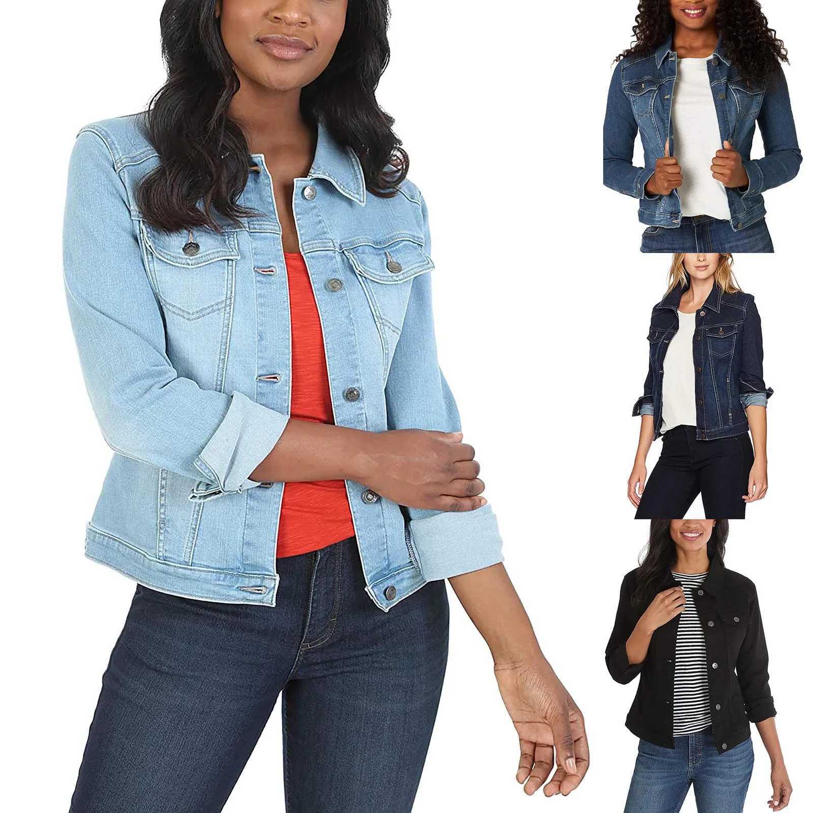 Womens Casual Denim Jacket Western Basic Lapel Button Up Long Sleeve Trucker Jean Jacket Biker Coat TopsX240920
