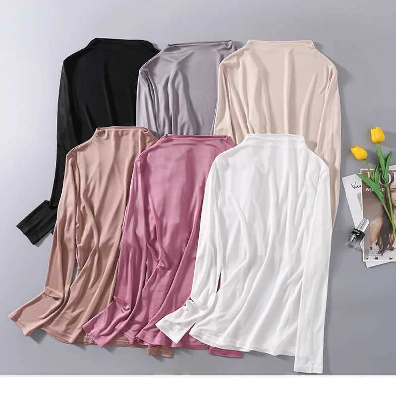 Autumn Winter Pure Silk High Collar T-shirt Women Mulberry Silk Double-sided Knitting Long Sleeve Bottoming Shirt Tops M240920