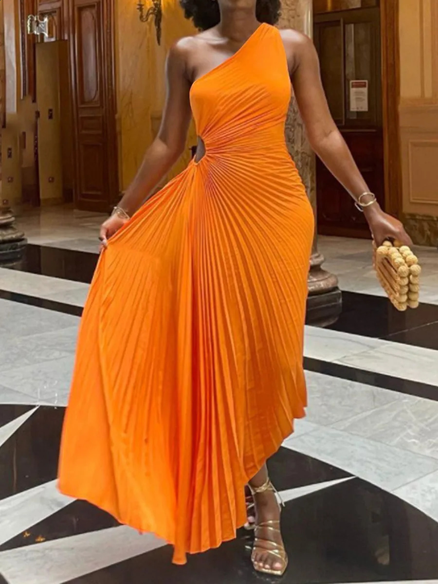 Women Elegant Long Dress Summer Sleeveless One-shoulder Pleated Hollowed Irregular Dress for Cocktail Party Beach Sundress Y2K 240920