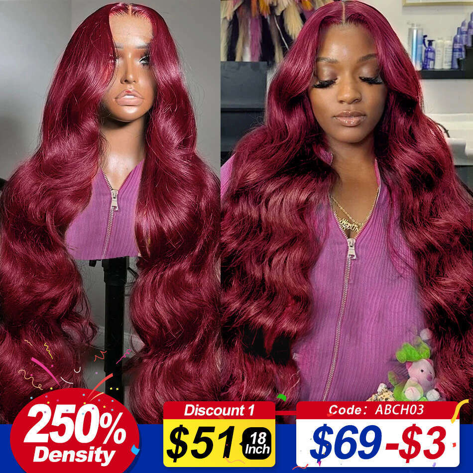 250 Density 99J Bury Body Wave HD 13x6 Frontal Wig 13x4 Human Hair 30 40 Inch Lace Front wig Wine Red Colored Brazilian