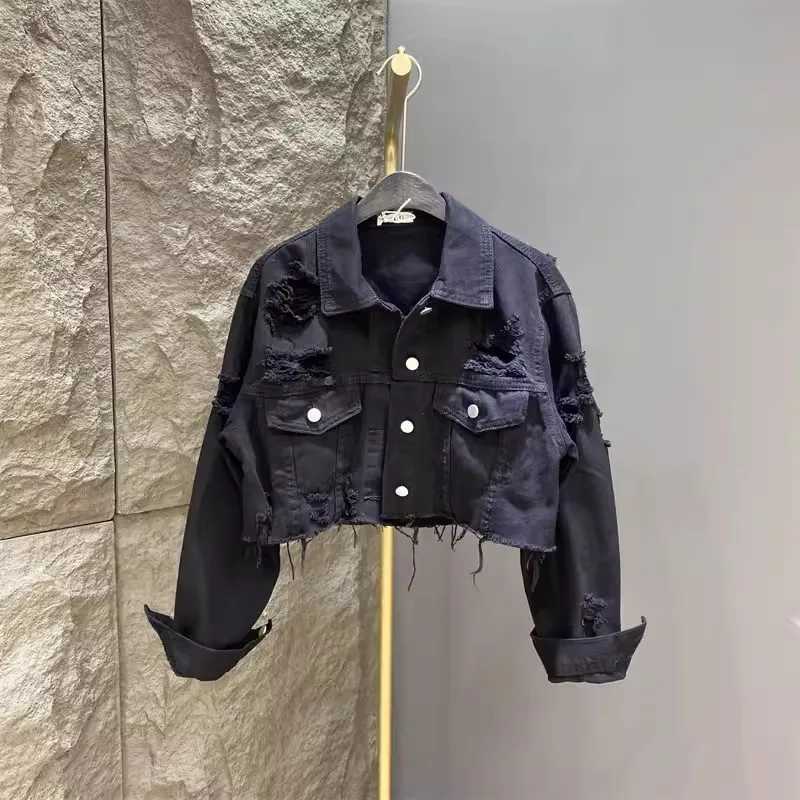 Autumn Pink Short Denim Jacket Women Spring New Slim Holes Single-Breasted Jean Coats Long Sleeve Frayed Outwear Femme DenimwearX240920