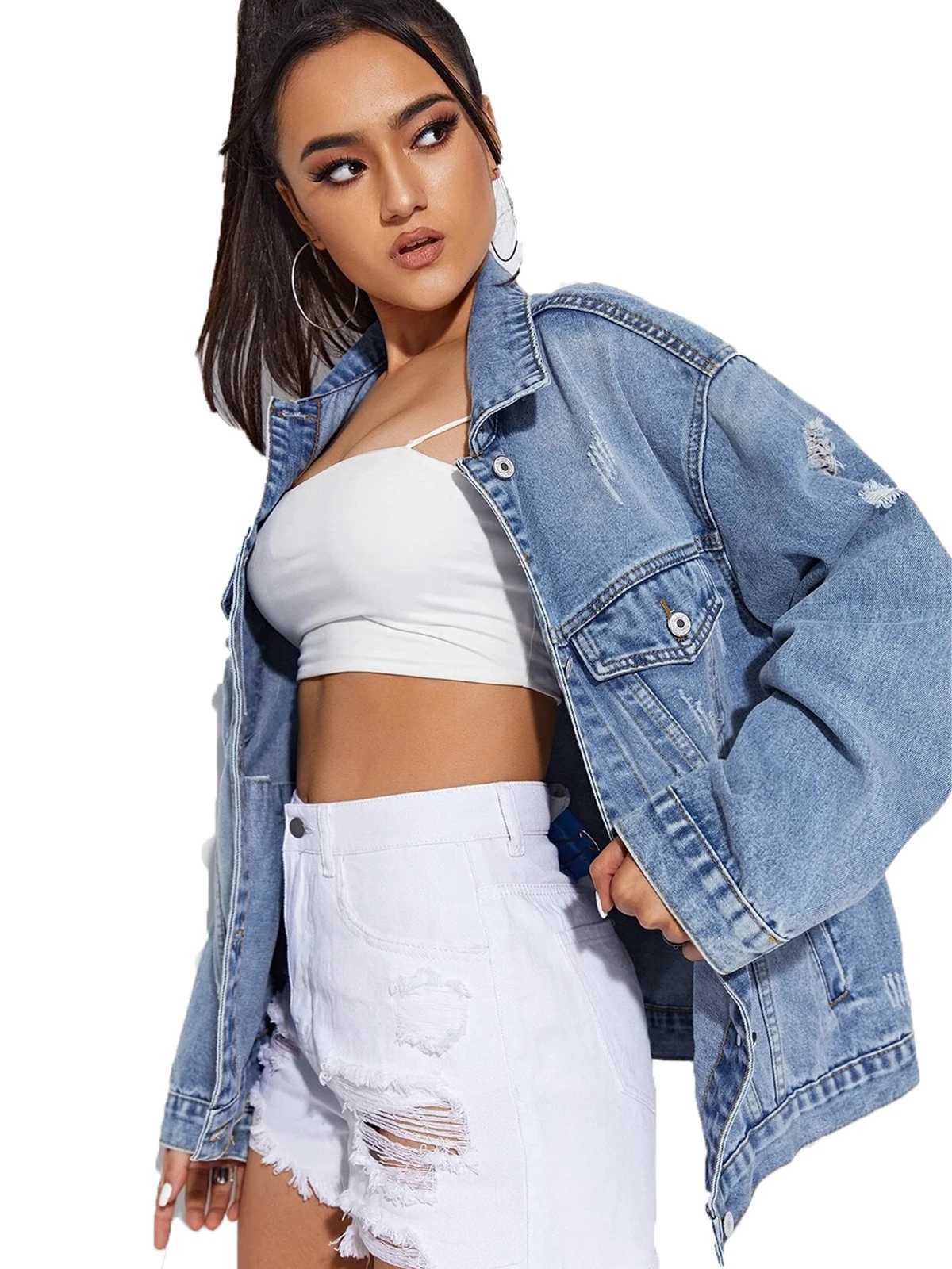 Women Jean Jacket Button Down Long Sleeve Denim Jackets With PocketsX240920