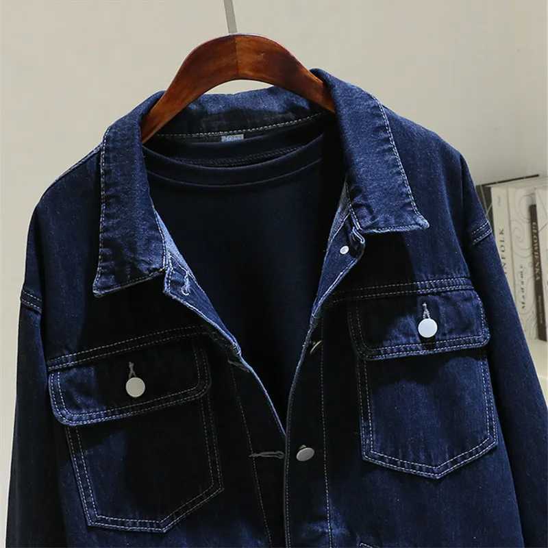 Vintage Dark Blue Loose Short Denim Jacket Women Big Pocket Long Sleeve Cowboy Outerwear Spring Harajuku Jeans Jackets FemaleX240920