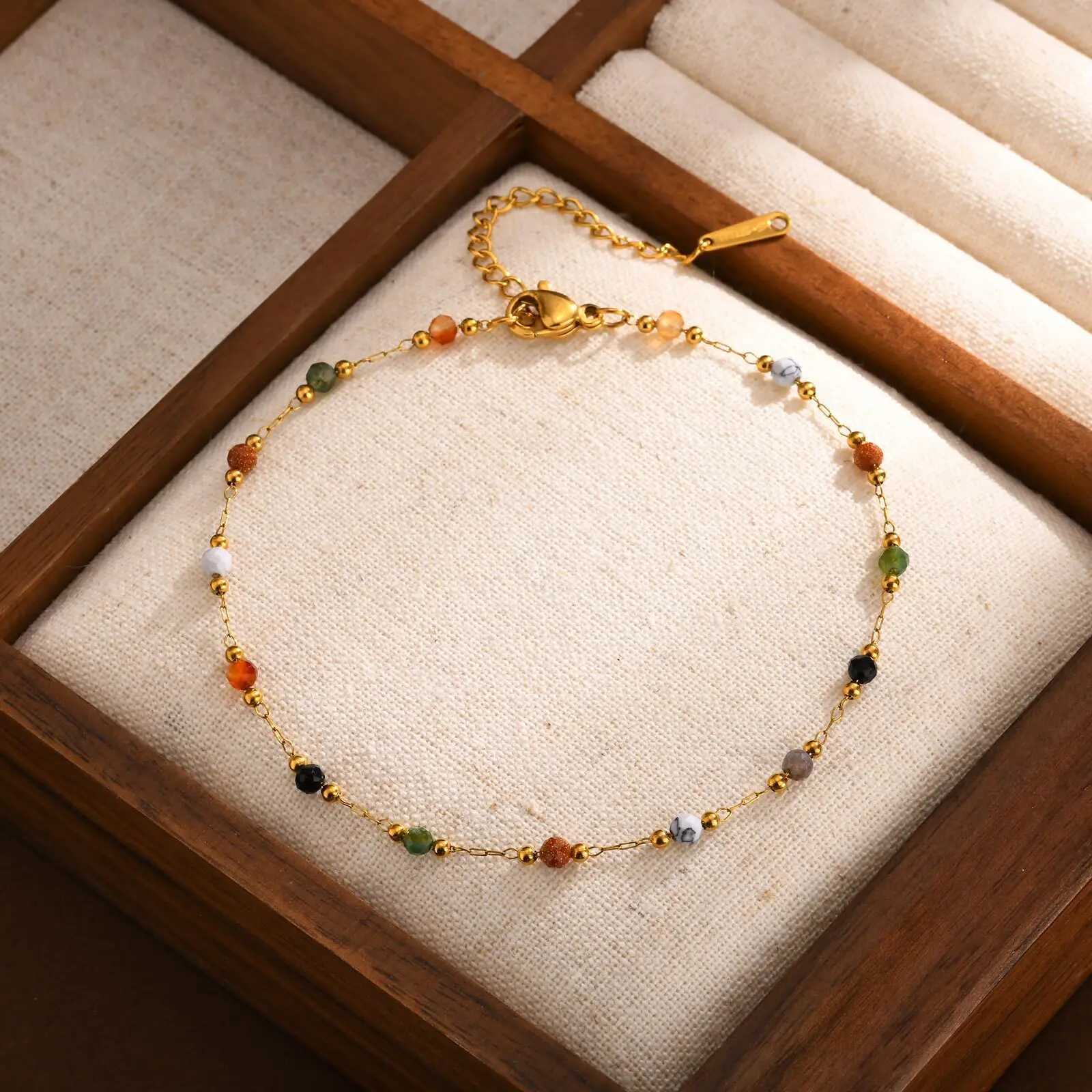 Nature Stone Beaded Chain Anklet Bracelet on Leg For Women Stainless Steel 18k Gold Plated Beach Foot Anklet Jewelry Gift Y240920