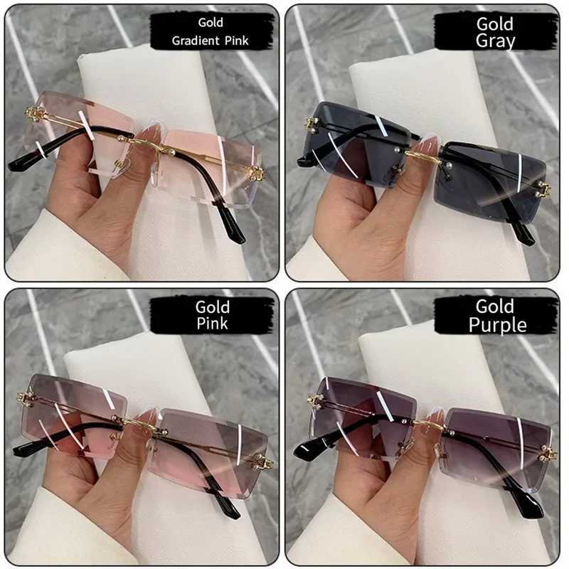 Vintage Fashion 2023 New Sunglasses Rimless Frameless Rectangle Shades Gradient UV400 Summer Traveling Sun Glasses for WomenX240920