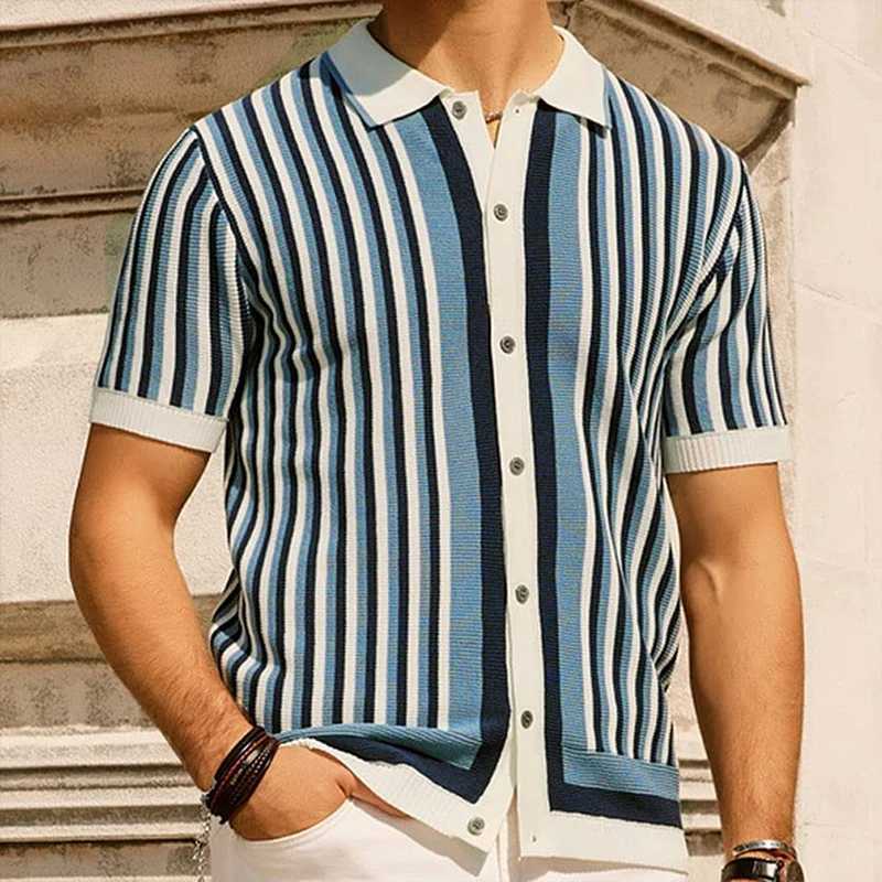 Summer Mens Light Luxury Button-down Leisure Knit Polo Shirt Popular Retro Short Sleeve Streetwear Fashion Patchwork KnitwearX240920