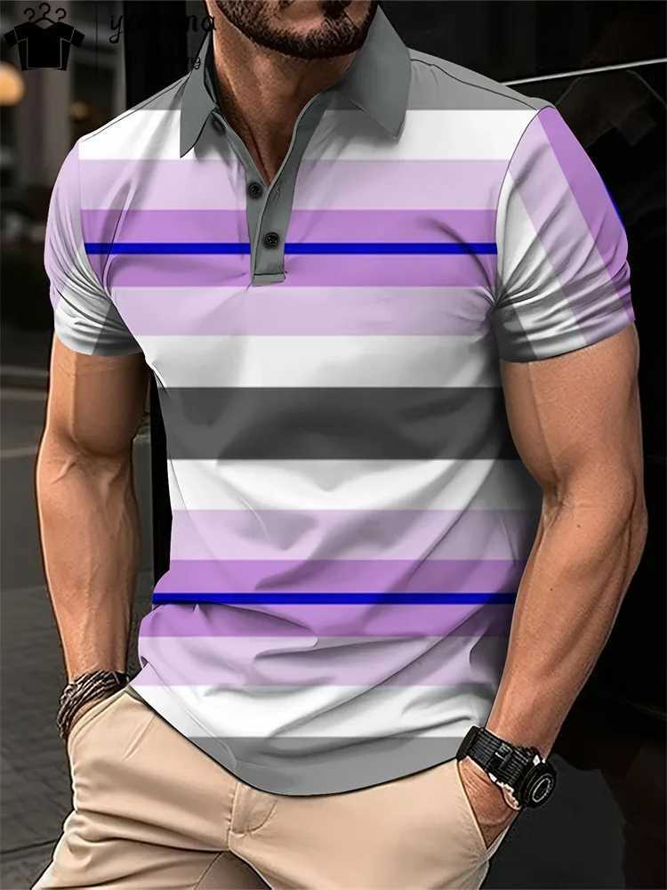 Mens Summer Short Clothes Sleeved Lapel 3d Printed T-Shirt Digital Striped Polo Shirt Mens Business Casual Fashion Top ClothesX240920