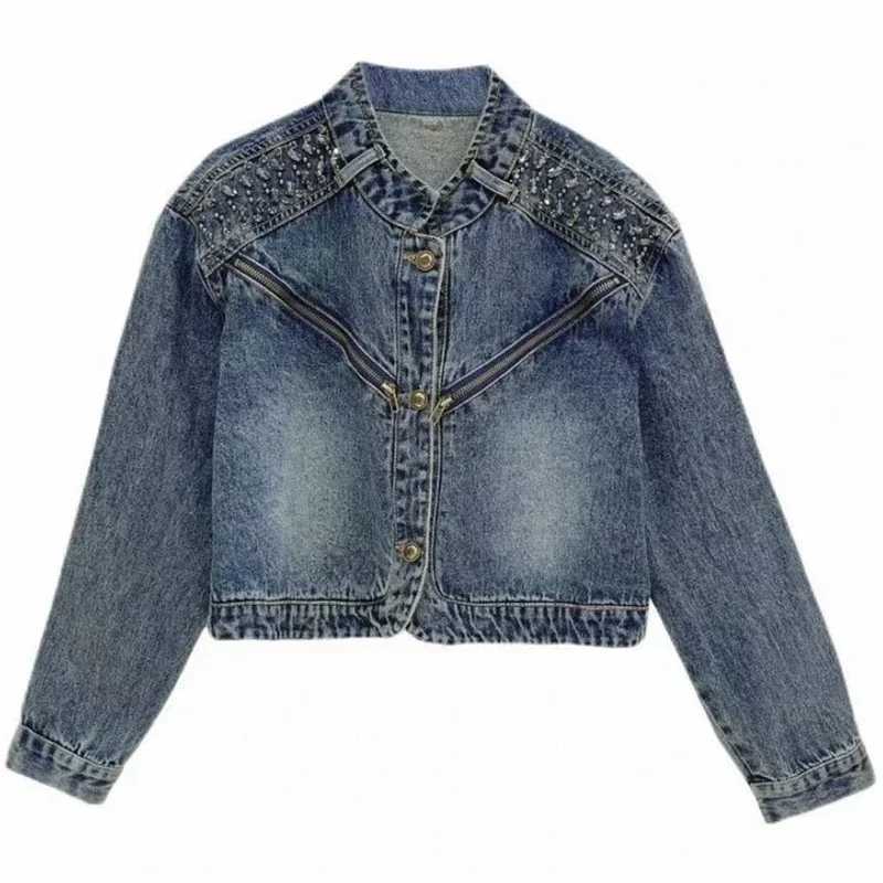 Women Trendy Vintage Y2K Streetwear Rhinestone Zipper Button Denim Jacket Casual Stand Collar Long Sleeve Outerwears Coat Z565X240920