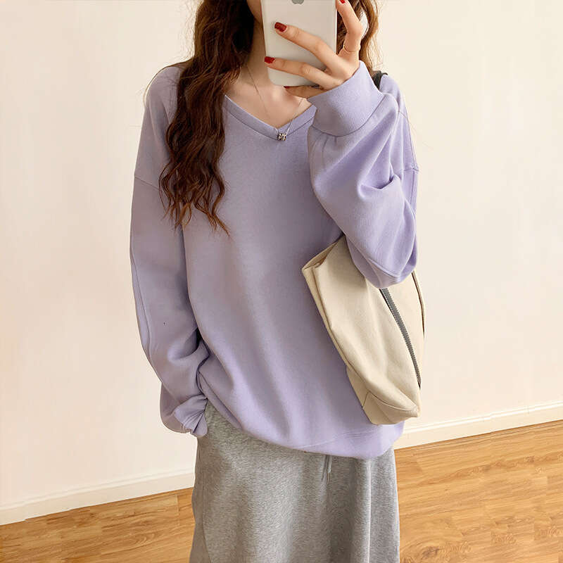 Hallowmas Oversize Hoodie for Women in Spring Autumn Thin Style 2024 New Item V-neck Loose and Lazy Style Solid Color Long Sleeved Pullover Top Autumn