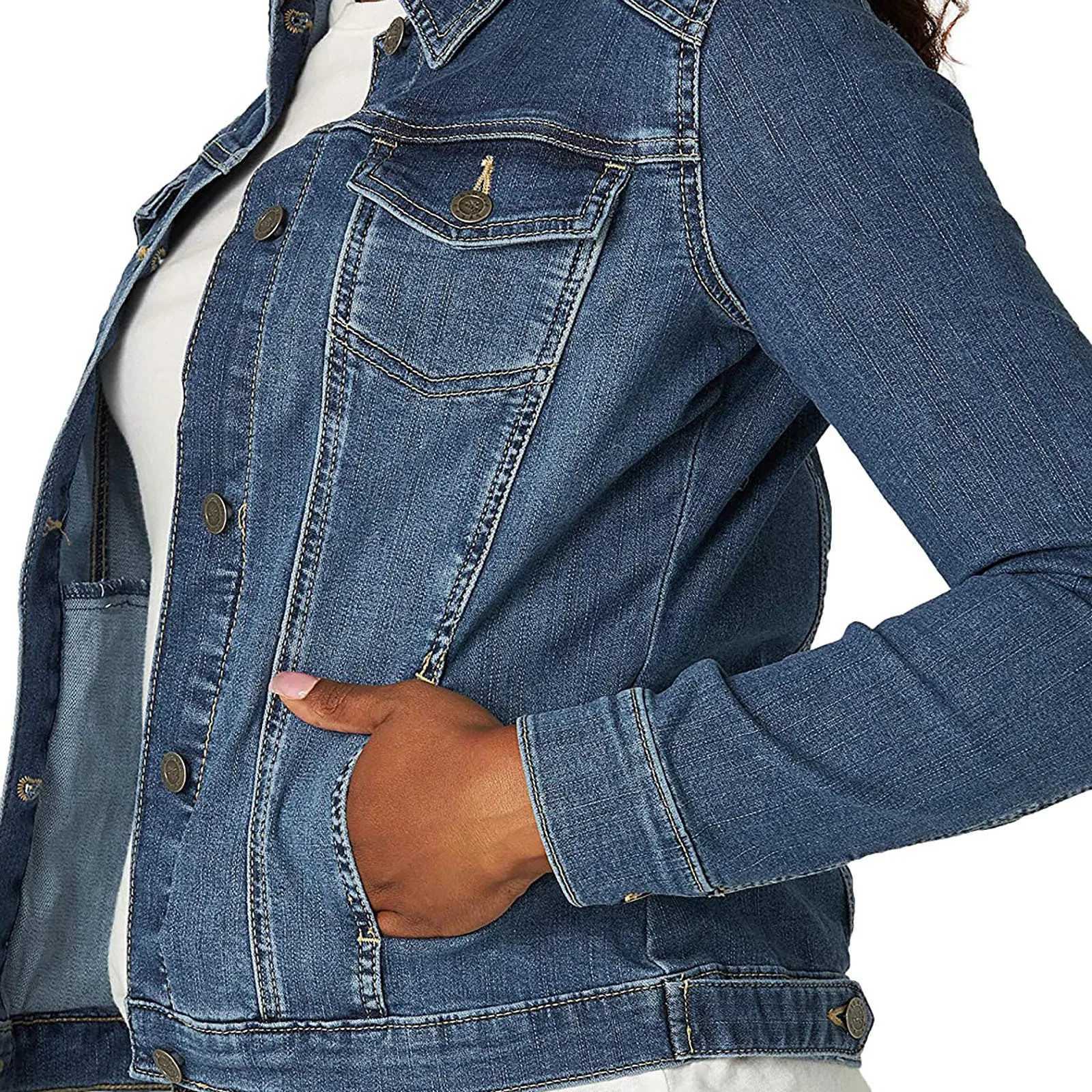 Womens Casual Denim Jacket Western Basic Lapel Button Up Long Sleeve Trucker Jean Jacket Biker Coat TopsX240920