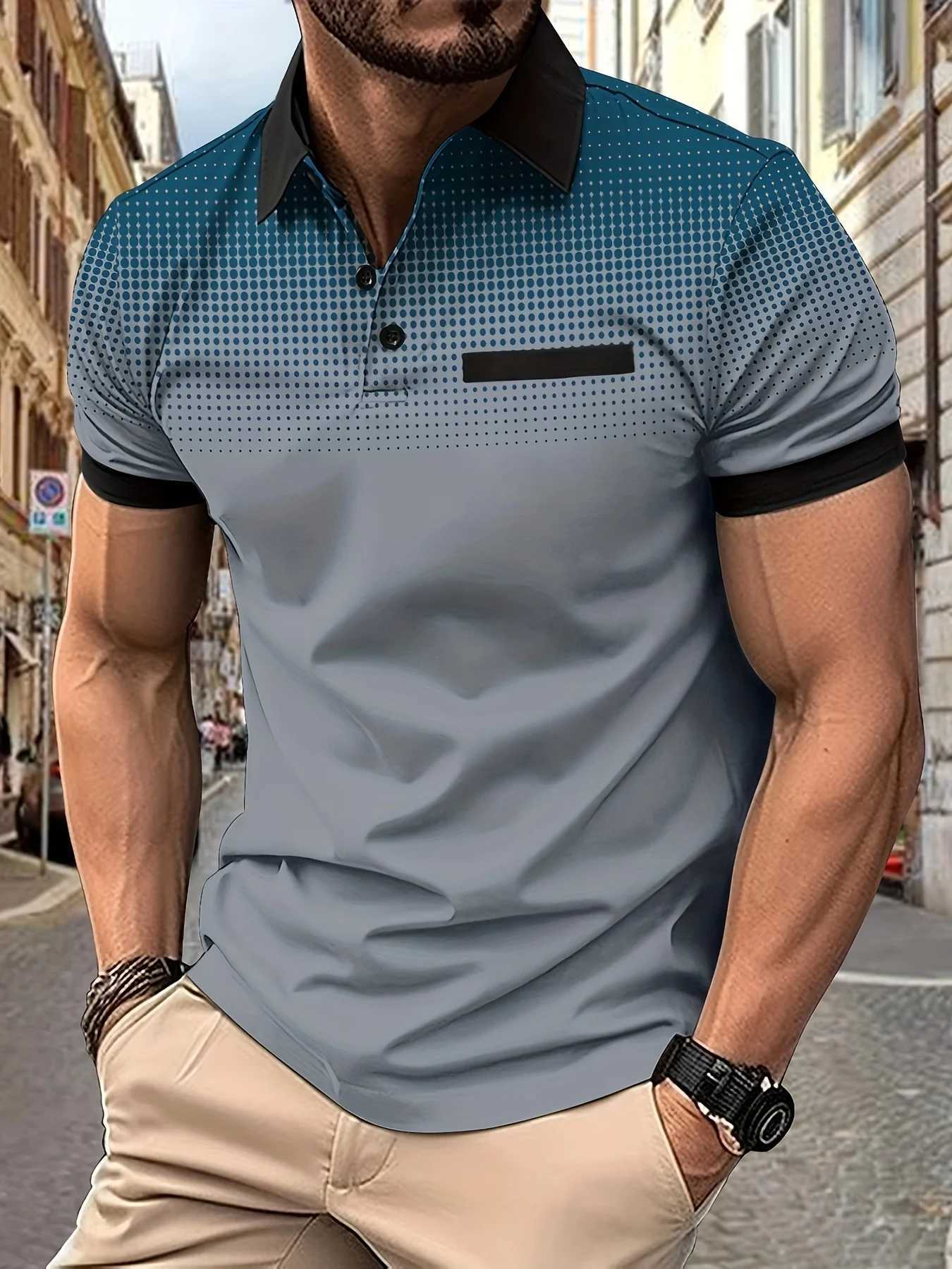 Mens Stylish Gradient Color Short Sleeve Shirt - Lapel Collar 1/4 Button Closure Simple Print Polo ShirtX240920