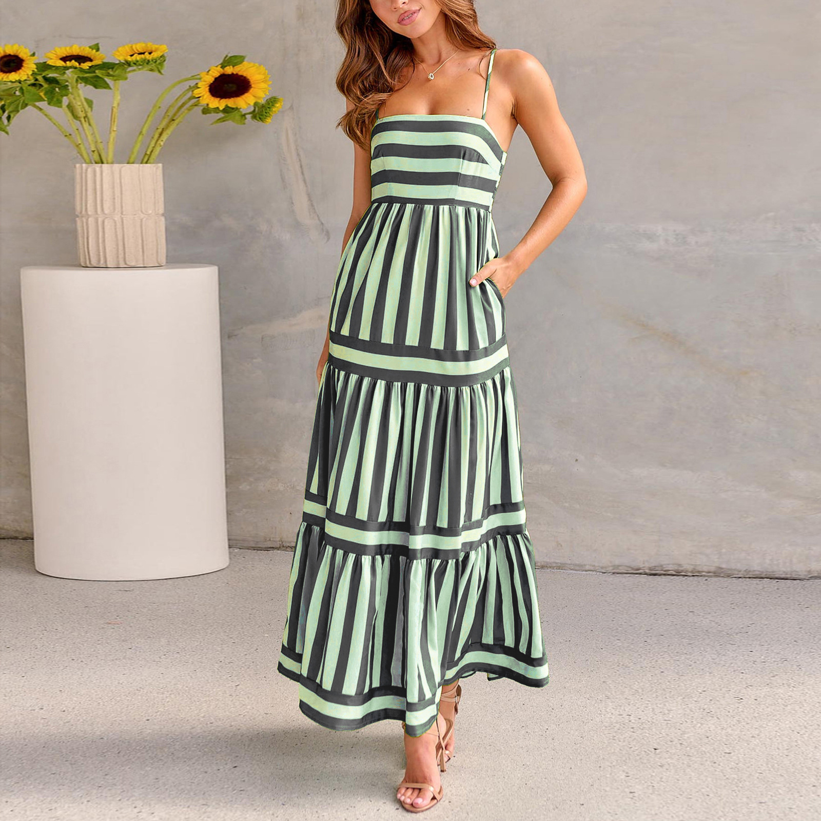 2024 New Dress Women's Summer European and American Stripe Printed Strap with Open Back Pocket Large Swing Skirt