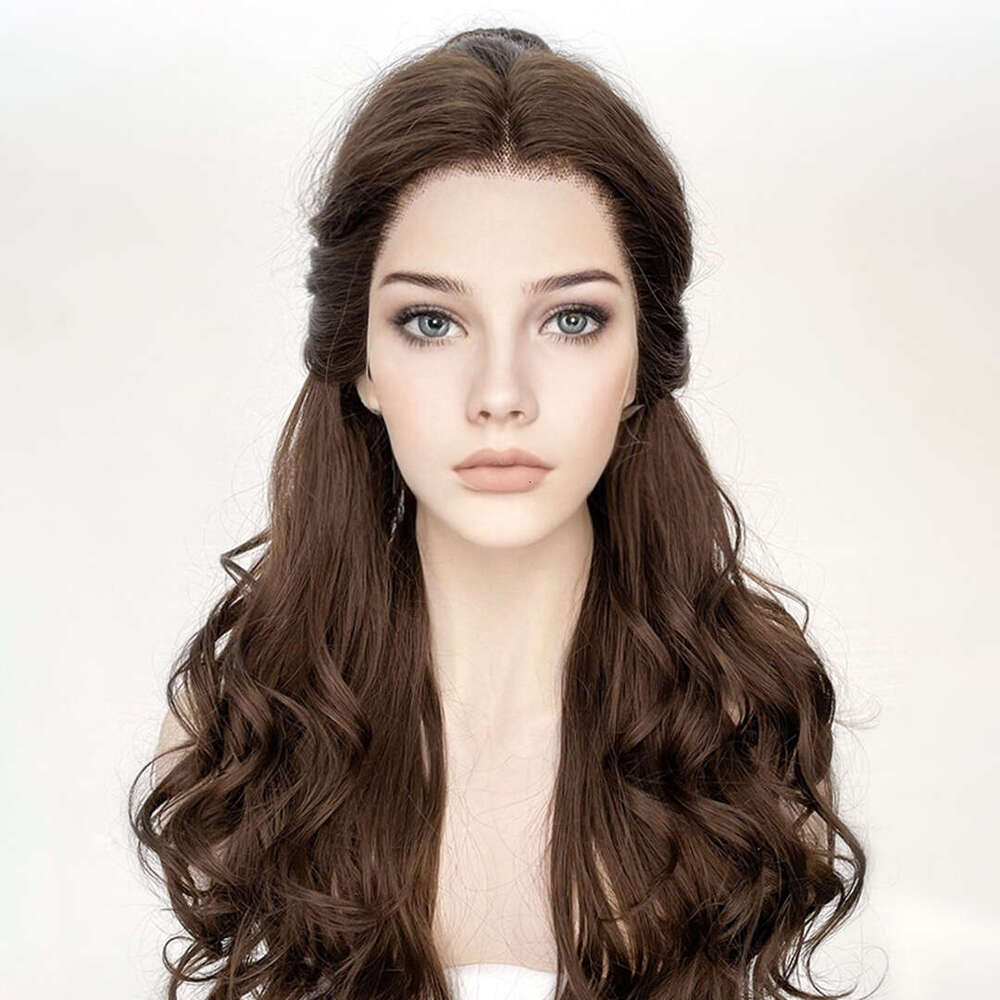 Long 26Inches Wavy Dark Chesut Brown 13X4 Transparent Lace Front Women With Baby Glueless Systhetic Hair Wigs