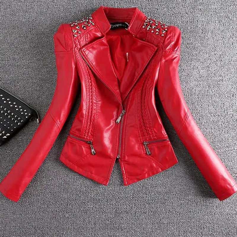 2023 Fashion Motorcycle Leather Jacket Women Spring And Autumn Rivet Coat Short Slim Coats Large size 4XLX240919