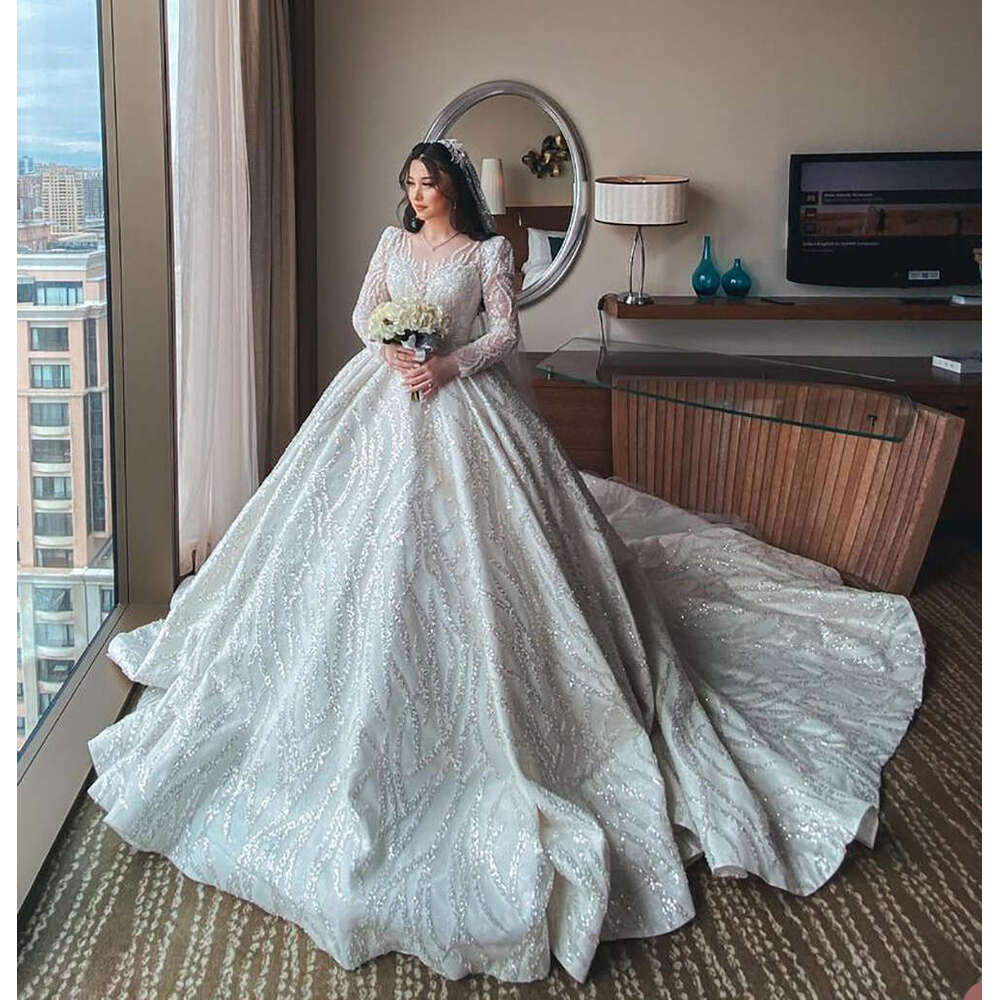 Glitter Sparking Wedding Dresses Sequined Sheer Neck Bridal Gowns Custom Made Jewel Pearls Royal Train Vestido De Novia