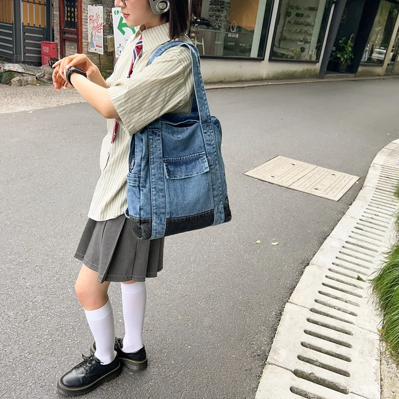 Womens dualpurpose shoulder bag and backpack denim blue large capacity travel shopping handbag latest Rucksacks womens 240919