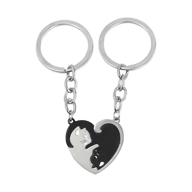 2Pcs/Set His Hers Matching Puzzle Yin Yang Cat Couples Keychains Stainless Steel Heart Key Ring BFF Couple Key Chain JewelryX240919