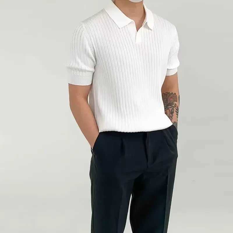 Summer Knit Elastic Short Sleeve Polo Shirt Striped Casual Style British Loose-fit Shirt Mens Lightweight PoloX240920