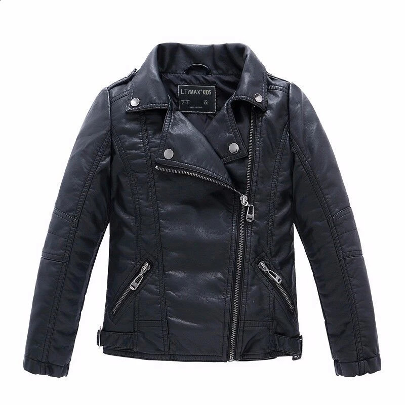 Fashion Classic Girl and Boy Black Motorcycle Leather Jacket Childrens Coat Spring and Autumn 2-14 Years 240918