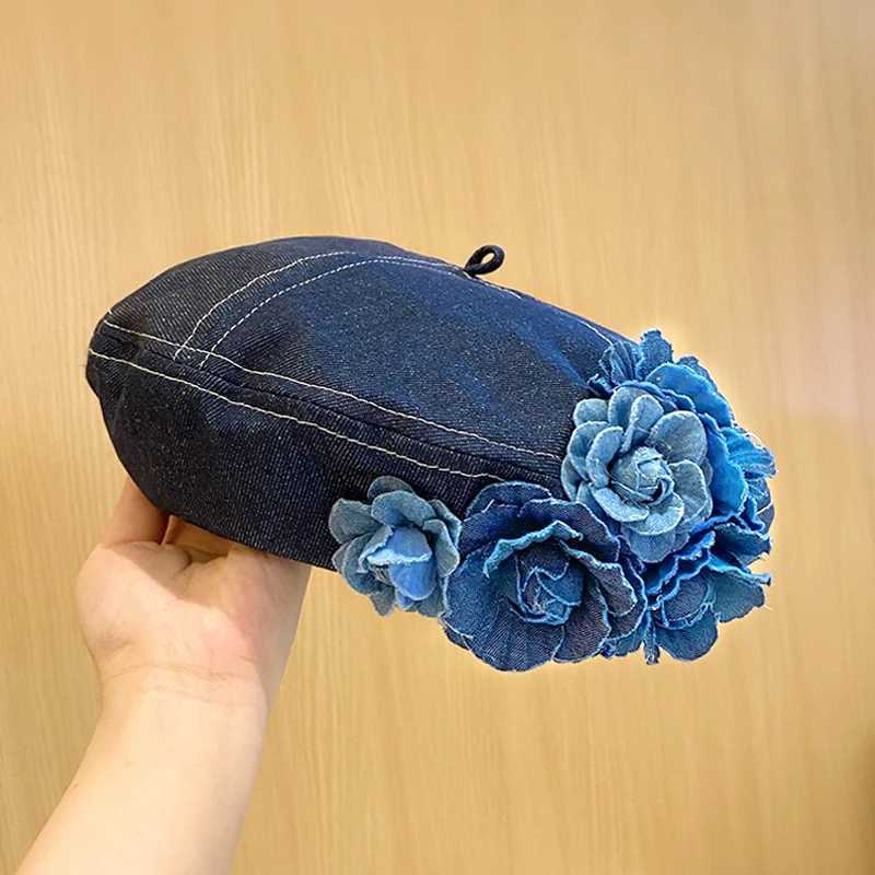 Fashion Flower Denim Beret Hats for Women Girls Spring Summer Sweet Cowboy Cap Korean Casual Artist Painter Caps 2024 NewX240919
