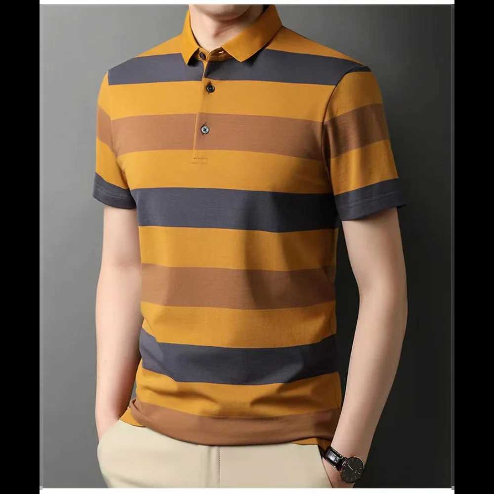 Mens Polo Shirts Korea Man Golf Shirts Summer Striped Print Button Clothing Business Style Male Streetwear Short SleeveX240920