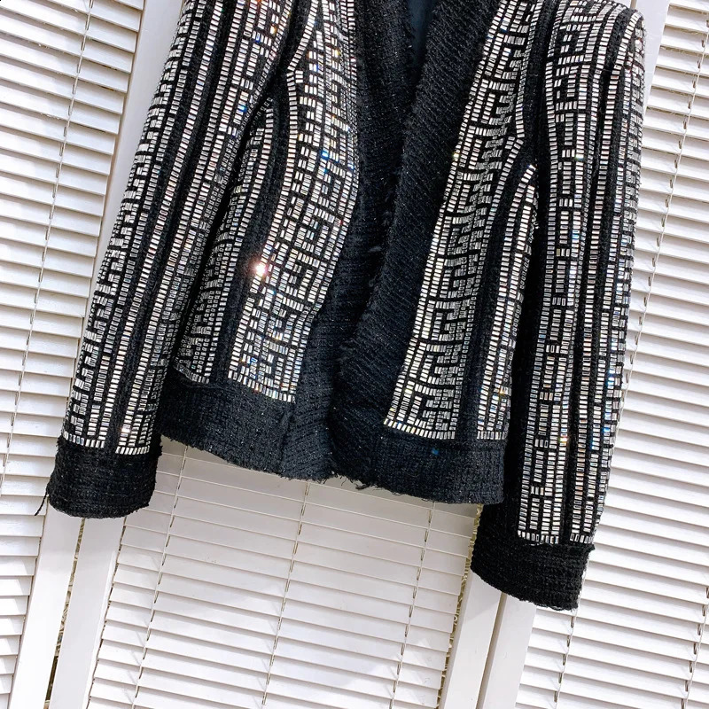 HIGH STREET Latest er Fashion Womens Shoulder Flower Emblem Rhinestone Diamond Beaded Wool Blended Coarse Linen Jacket 240919