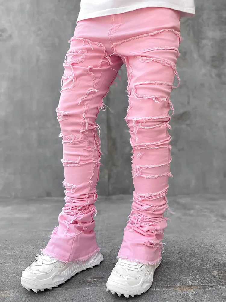 Mens streetwear ripped jeans fashionable cool stretch pink stacked edge denim pants mens Y2K punk patch work hip-hop pants CL240921