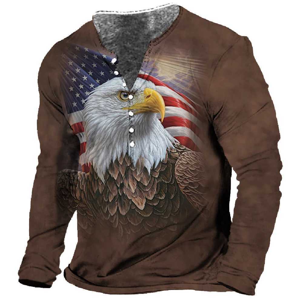 Men T-Shirt Henley Vintage Eagle Motorcycle Print Long Sleeve Daily Top Harajuku Streetwear Tee Men Seven Button Tshirt PulloverX240919