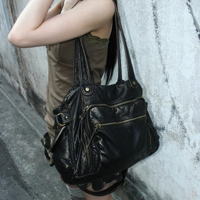 Women's fashion retro Y2K hot girl motorcycle large capacity washed distressed shoulder messenger bag