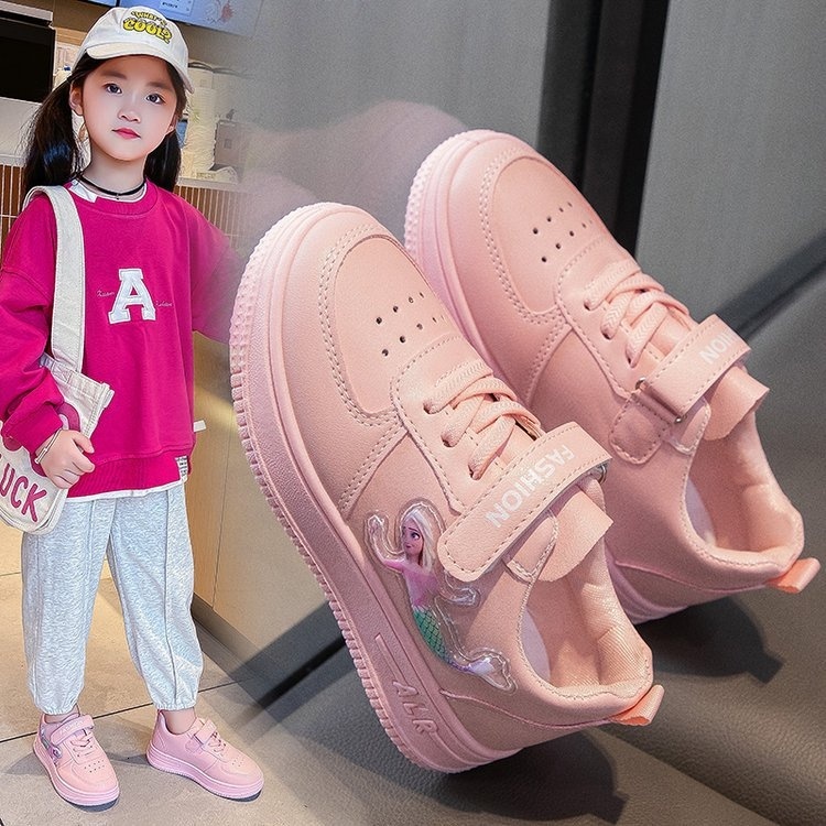 Children's girls' students' flat casual sports shoes, low top round toe white running board shoes
