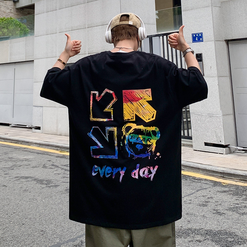 High quality 7.4oz 210gsm men's shoulder down large graffiti print short sleeved summer cotton top casual T-shirt