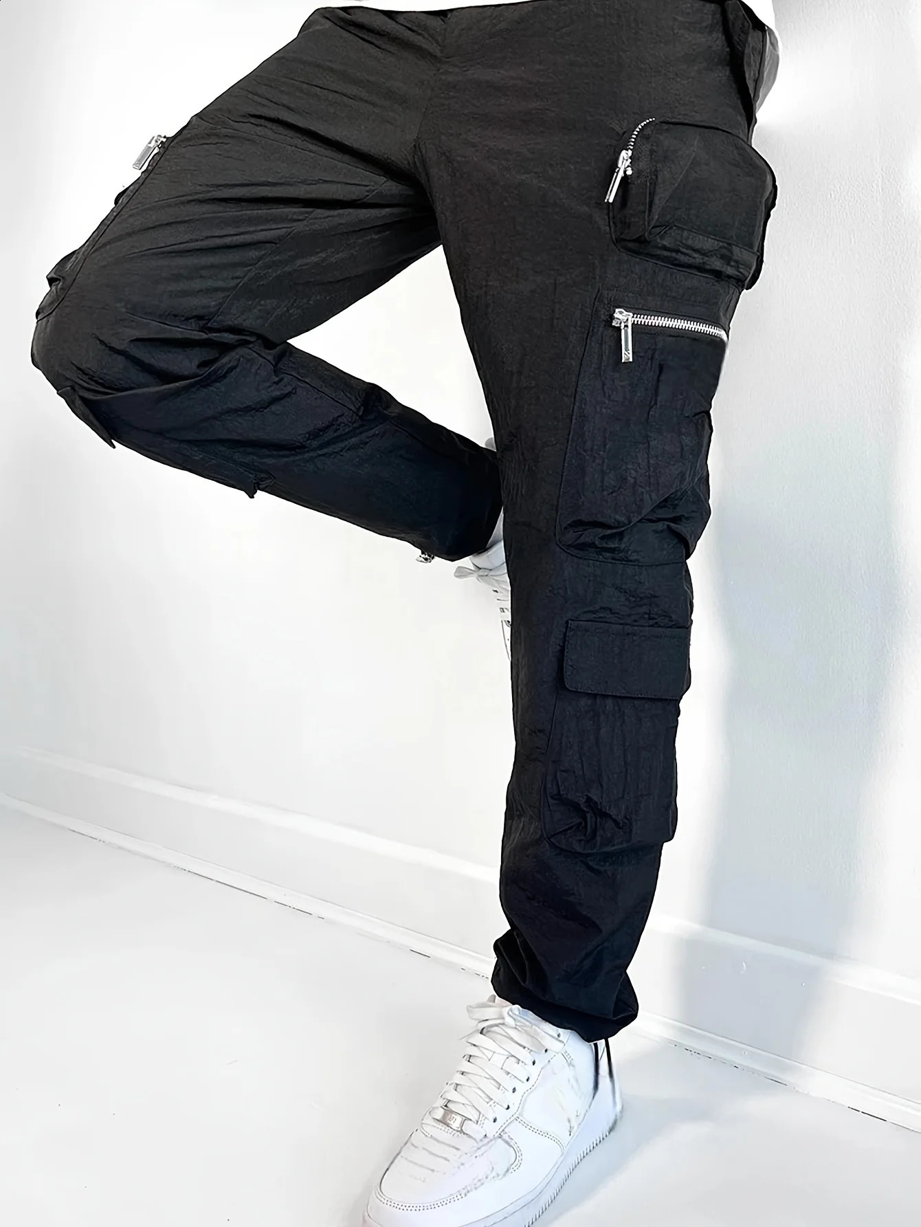 Mens Lightweight SlimFit Pleated WaterlessWash Fabric Asymmetric Pocket n Cargo Pants With Cuff Black Light Grey 240910