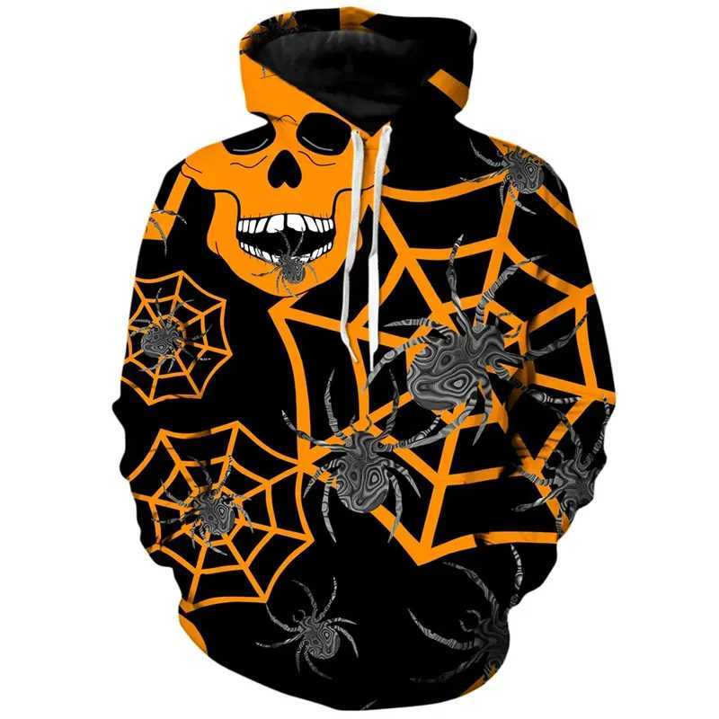 Halloween Spider Webs Graphic Hoodie Men 3D Printed Skull Sweatshirt Street Personality Cosplay Pullovers Loose Long Sleeve Tops Y240920
