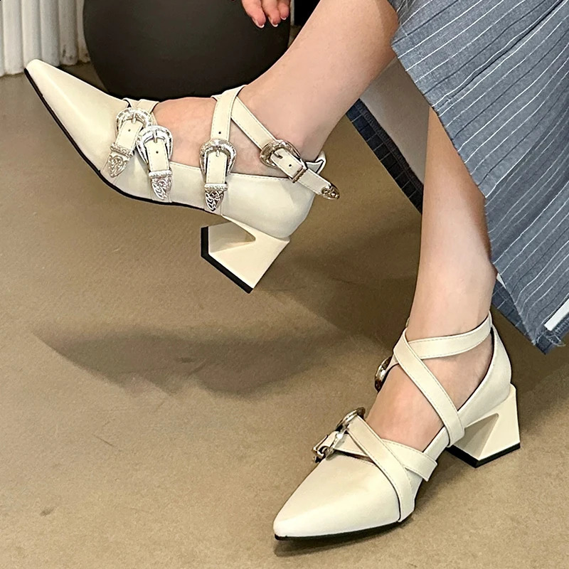 Womens 2024 Heel Womens Pump Shallow Shoe Corner Lace Fashion Metal Buckle Strap Womens Thick Shoes 240919